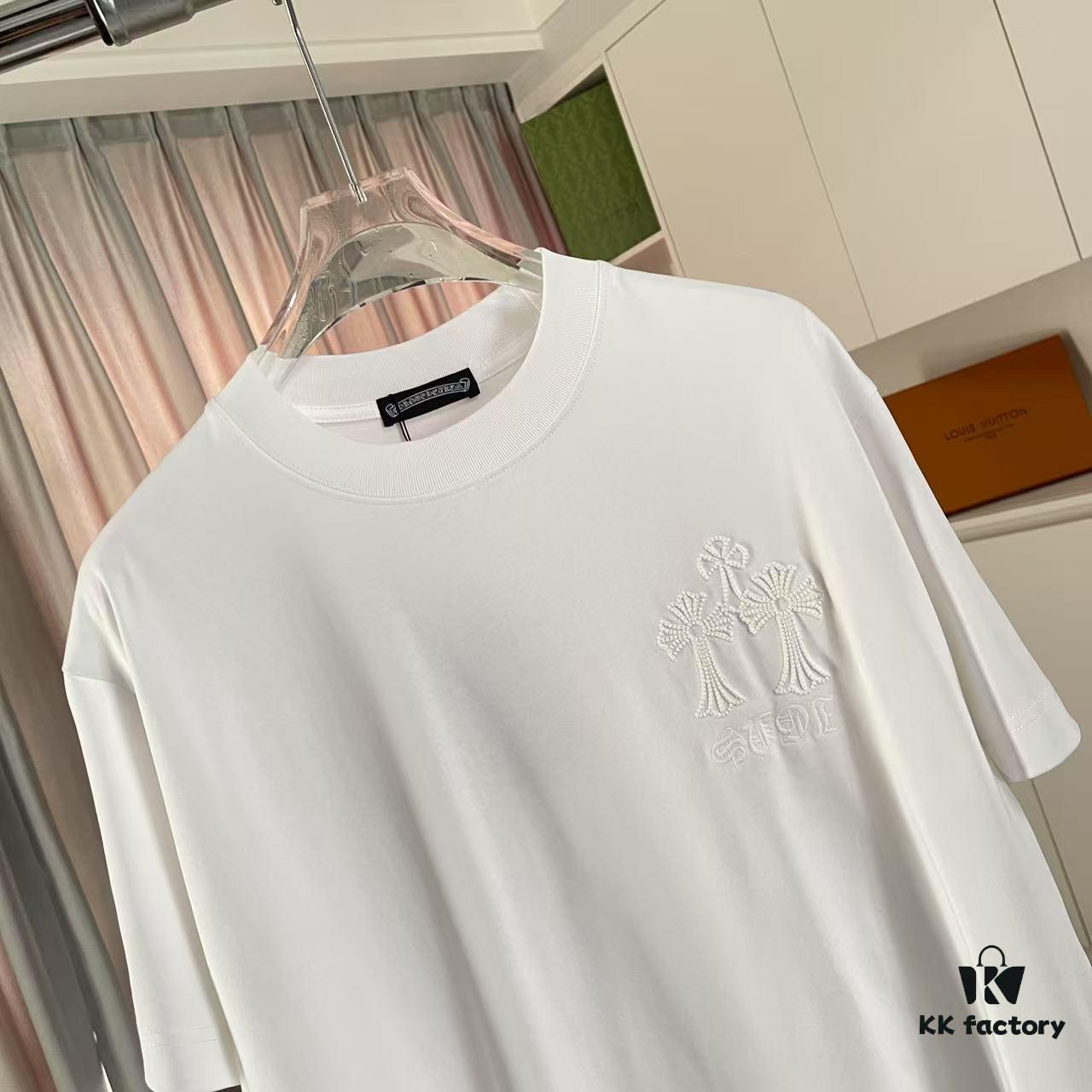 6931a370ccd8ab3d7af97ac0 CH Cro * 2025 Summer New Arrival Buddhist Mantra Horseshoe Cross, Intersecting Vacuum Embroidery Short Sleeve T-Shirt, Custom 300g Fabric, Unisex Design