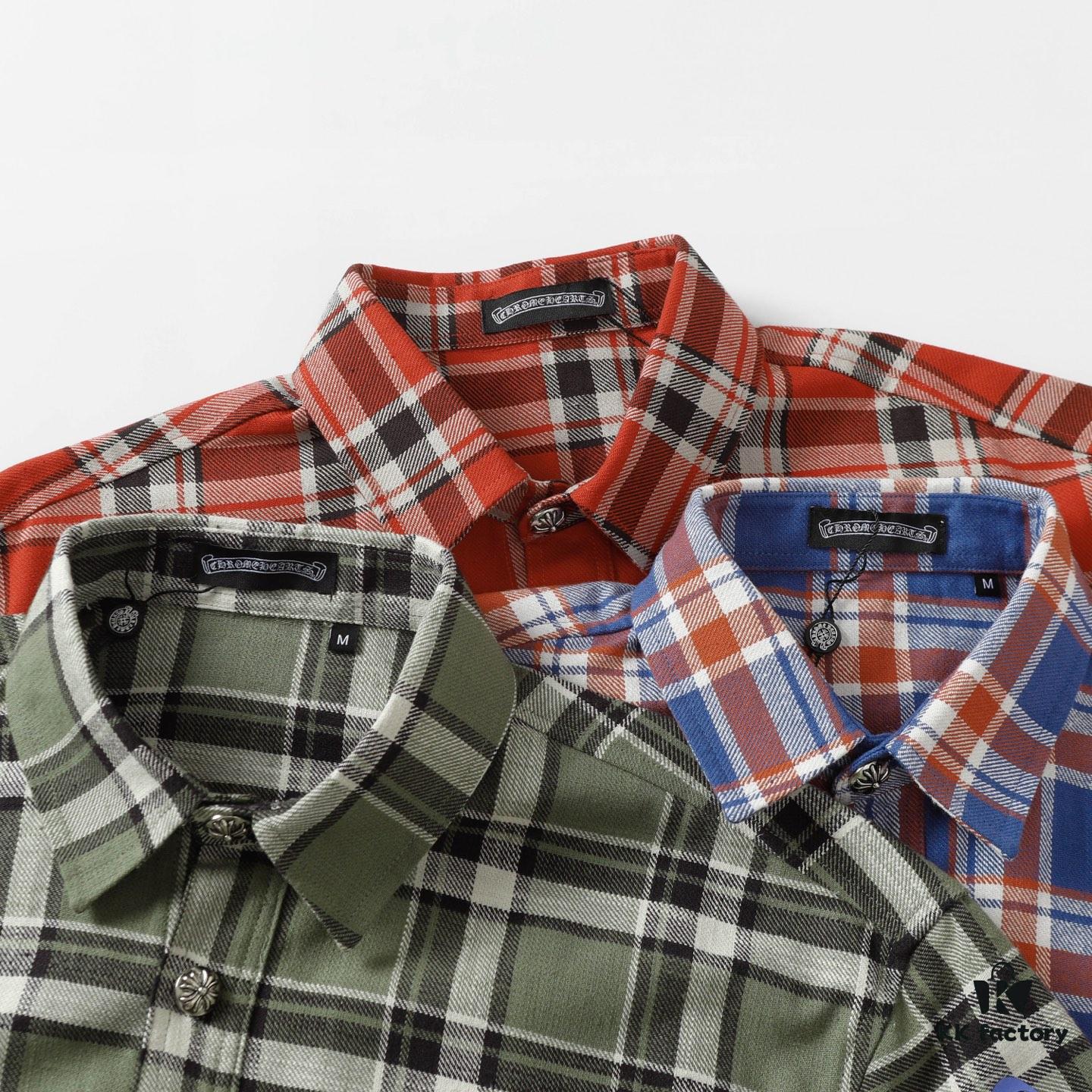 6931a38accd8ab3d7af97c88 24FW Chrome Hearts New Striped Plaid Patchwork Silver Button Cardigan Shirt