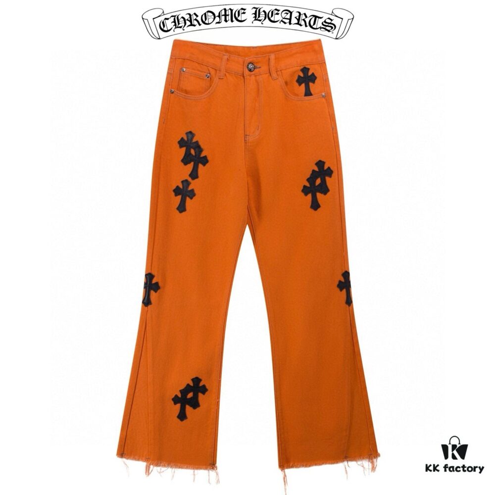 6931a3c9ccd8ab3d7af98062 Chrome Hearts & Croc Heart Art Basel Orange Flared Jeans with Cross Design