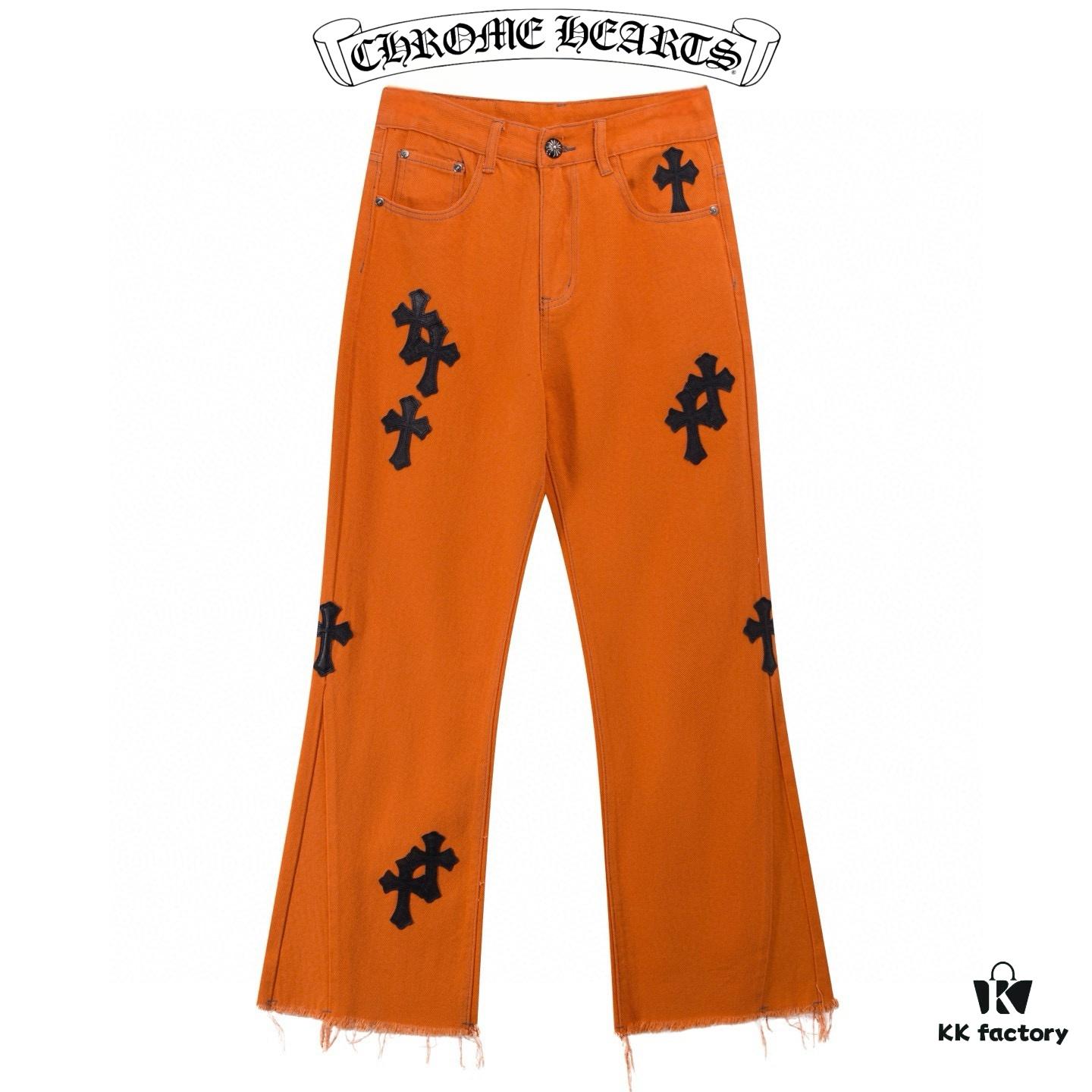 6931a3c9ccd8ab3d7af98062 Chrome Hearts & Croc Heart Art Basel Orange Flared Jeans with Cross Design