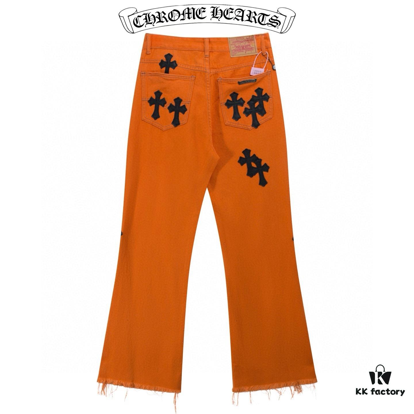 6931a3c9ccd8ab3d7af98063 Chrome Hearts & Croc Heart Art Basel Orange Flared Jeans with Cross Design