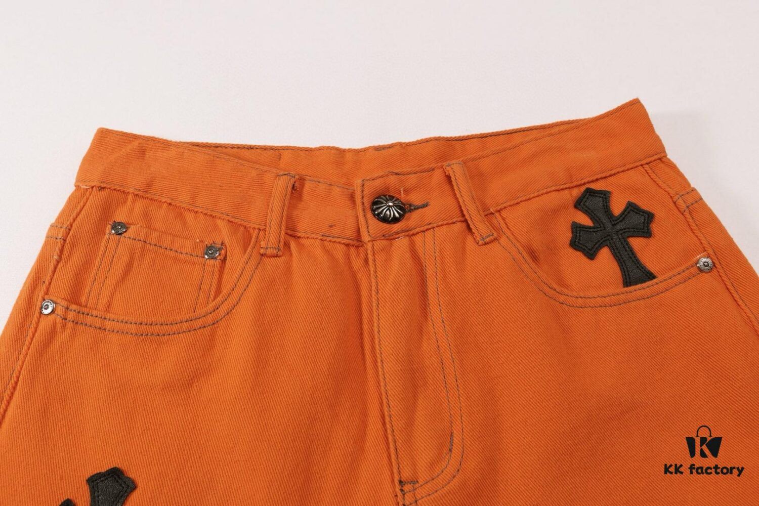 6931a3c9ccd8ab3d7af98064 Chrome Hearts & Croc Heart Art Basel Orange Flared Jeans with Cross Design