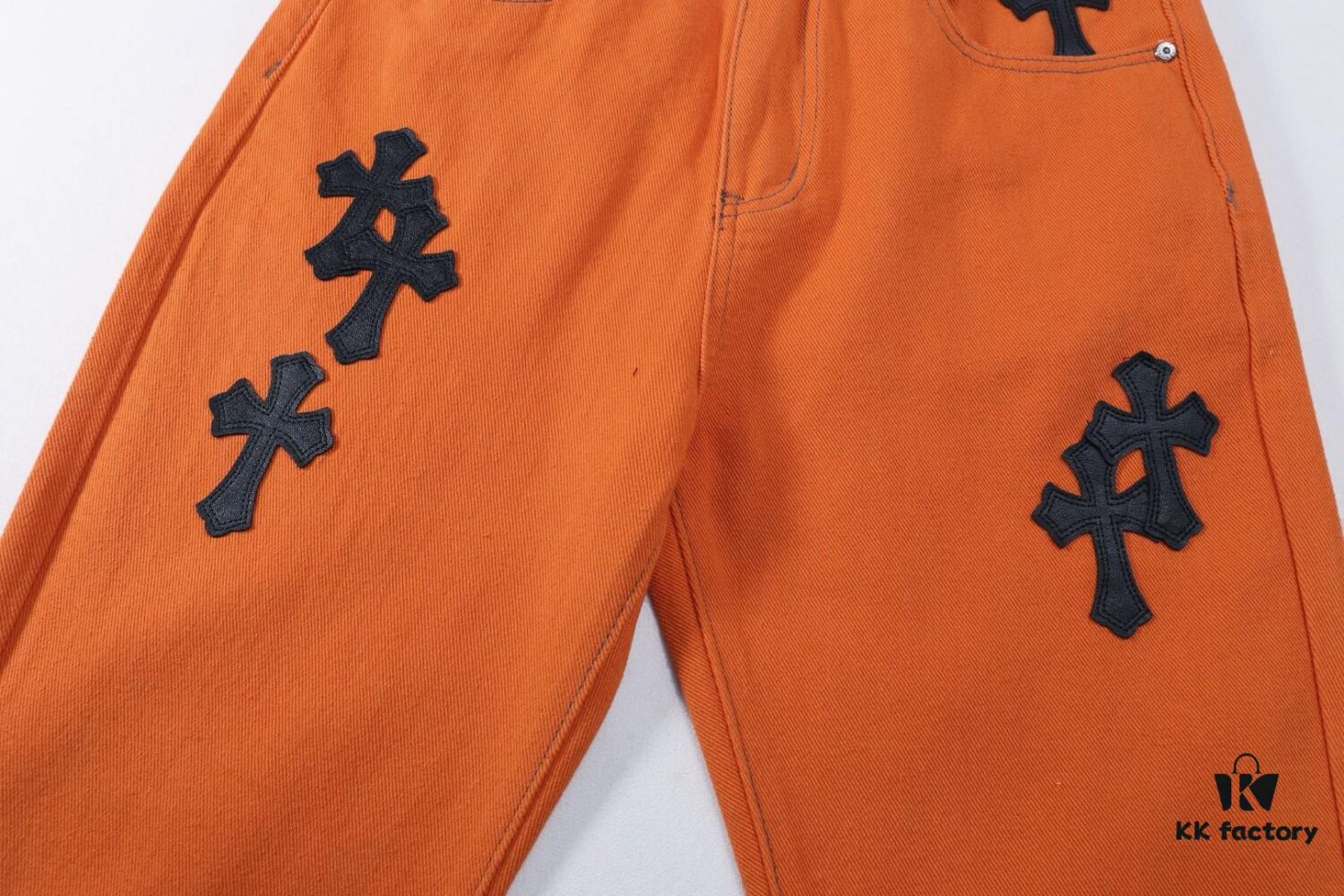 6931a3c9ccd8ab3d7af98066 Chrome Hearts & Croc Heart Art Basel Orange Flared Jeans with Cross Design