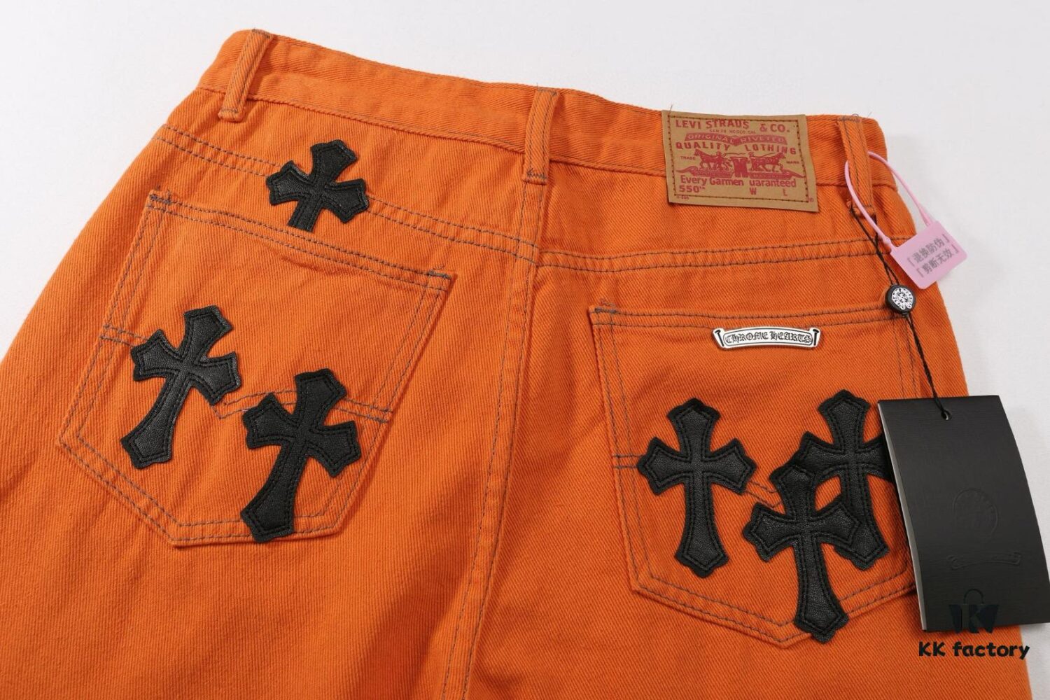 6931a3c9ccd8ab3d7af98067 Chrome Hearts & Croc Heart Art Basel Orange Flared Jeans with Cross Design
