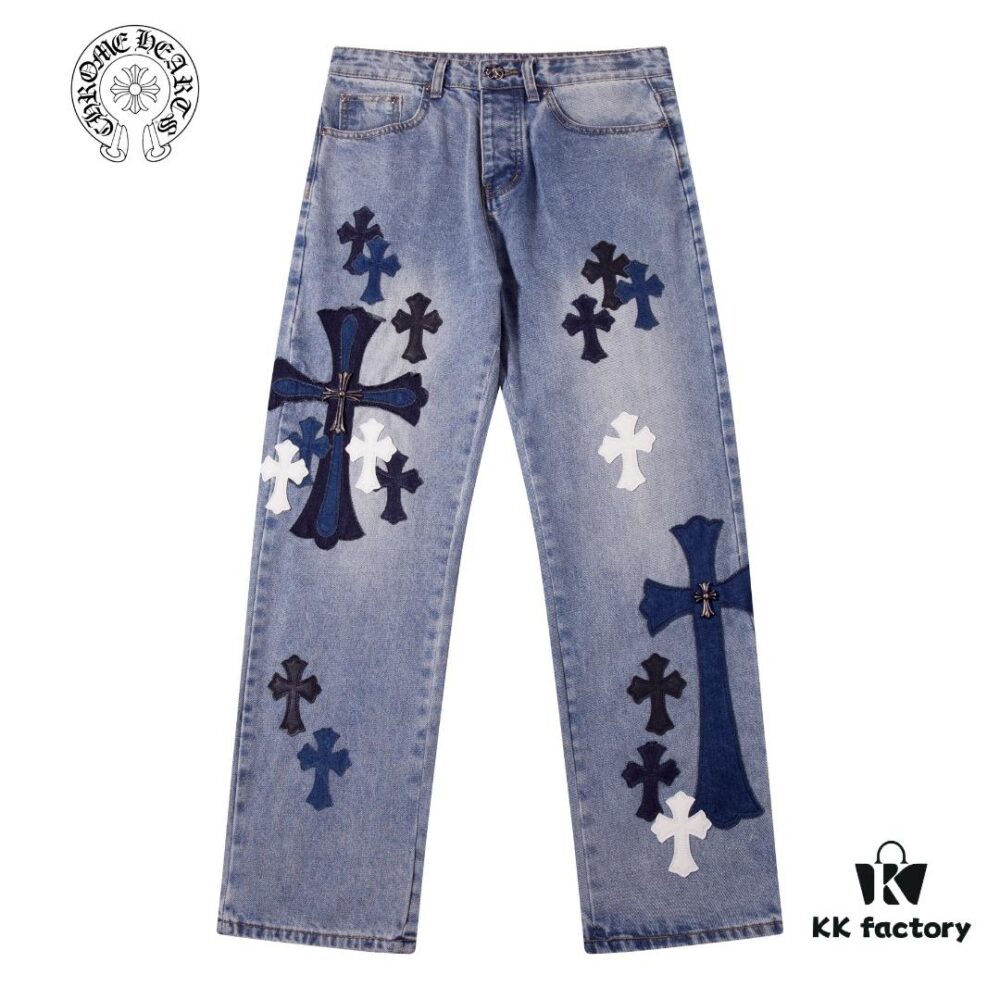 6931a3caccd8ab3d7af9806b Korean Custom & Chrome Hearts Cowhide Patchwork Denim Pants with Large Cross Design