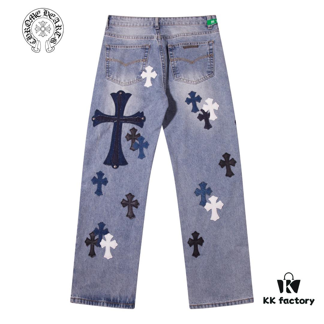 6931a3caccd8ab3d7af9806c Korean Custom & Chrome Hearts Cowhide Patchwork Denim Pants with Large Cross Design