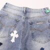 6931a3caccd8ab3d7af98070 Korean Custom & Chrome Hearts Cowhide Patchwork Denim Pants with Large Cross Design