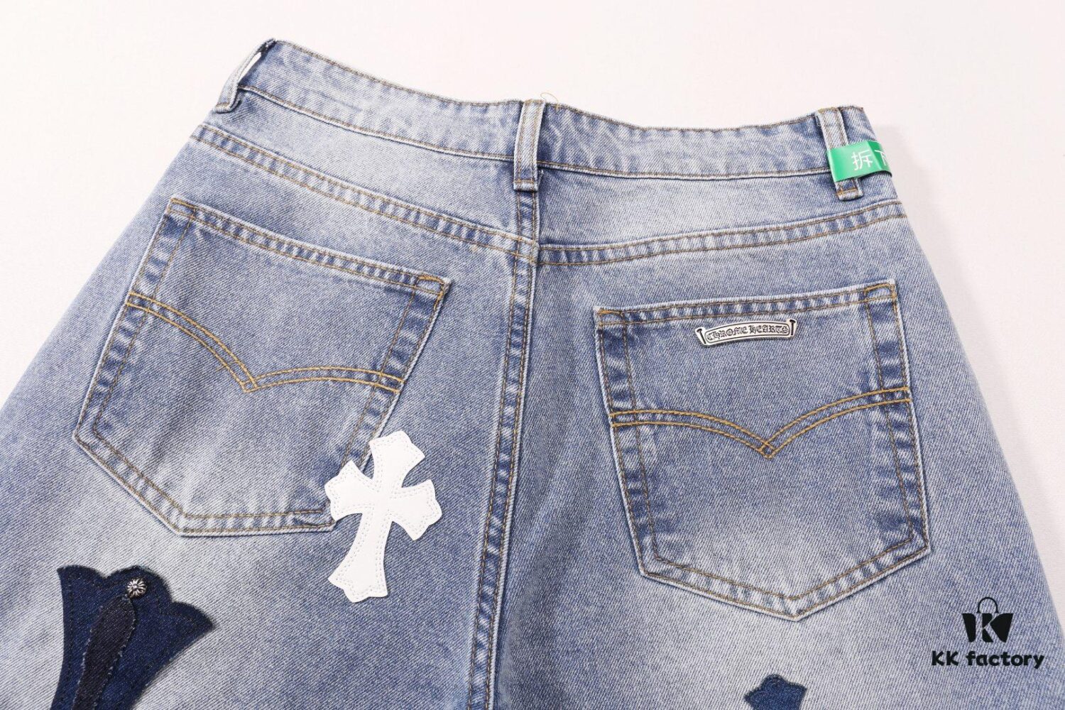 6931a3caccd8ab3d7af98070 Korean Custom & Chrome Hearts Cowhide Patchwork Denim Pants with Large Cross Design