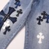 6931a3caccd8ab3d7af98071 Korean Custom & Chrome Hearts Cowhide Patchwork Denim Pants with Large Cross Design