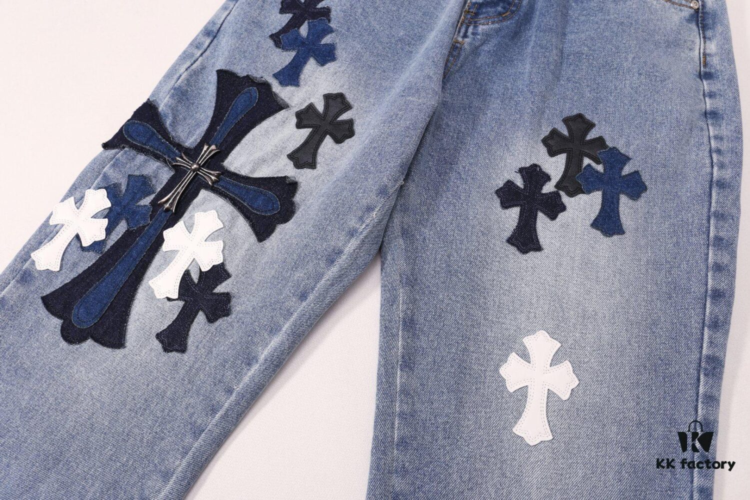 6931a3caccd8ab3d7af98071 Korean Custom & Chrome Hearts Cowhide Patchwork Denim Pants with Large Cross Design