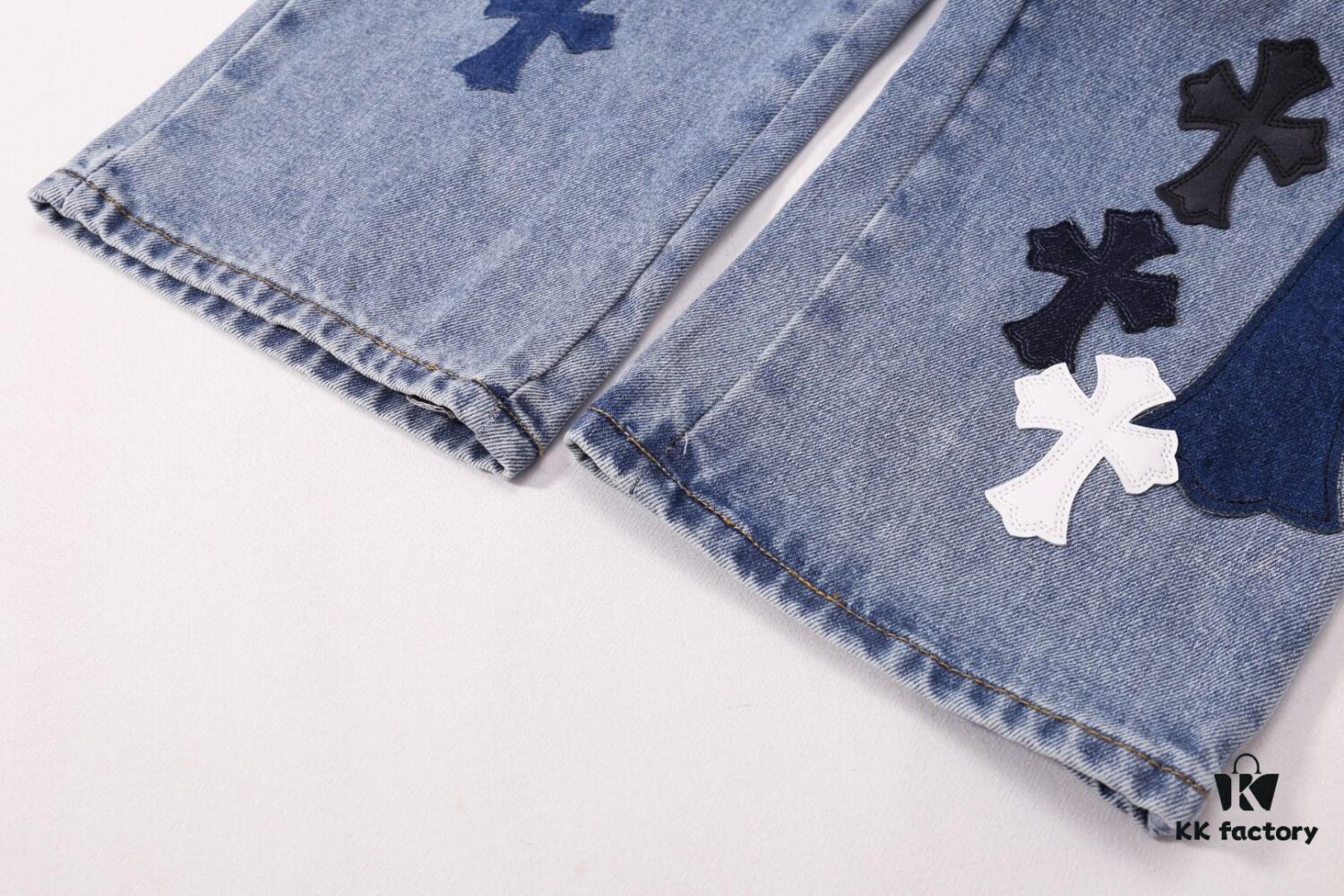 6931a3caccd8ab3d7af98072 Korean Custom & Chrome Hearts Cowhide Patchwork Denim Pants with Large Cross Design