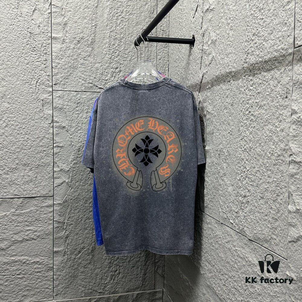 6931a3cbccd8ab3d7af9808f CH* Chrome Hearts* 2025 Spring/Summer New Arrival Distressed Vintage Round-Neck Short-Sleeve T-Shirt with Chest and Back Logo, Horsehoof Print, Custom Fabric Unisex Tee