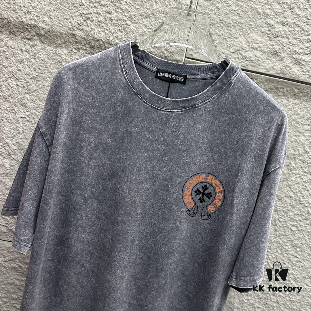 6931a3ccccd8ab3d7af98090 CH* Chrome Hearts* 2025 Spring/Summer New Arrival Distressed Vintage Round-Neck Short-Sleeve T-Shirt with Chest and Back Logo, Horsehoof Print, Custom Fabric Unisex Tee