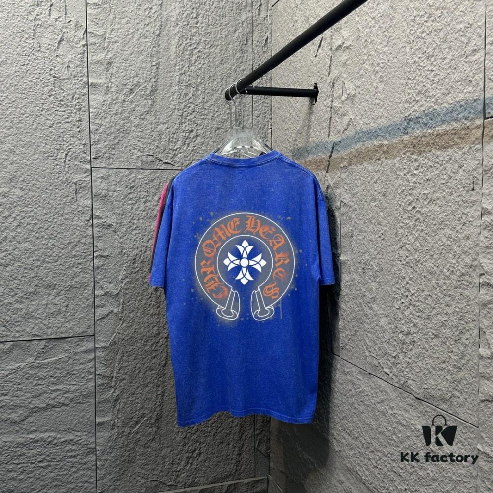 6931a3ccccd8ab3d7af980a1 CH* Chrome Hearts* 2025 Spring/Summer New Arrival Distressed Snowflake Wash Vintage Round Neck Short Sleeve T-Shirt with Chest and Back Logo, Horseshoe Print, Custom Fabric Unisex Tee