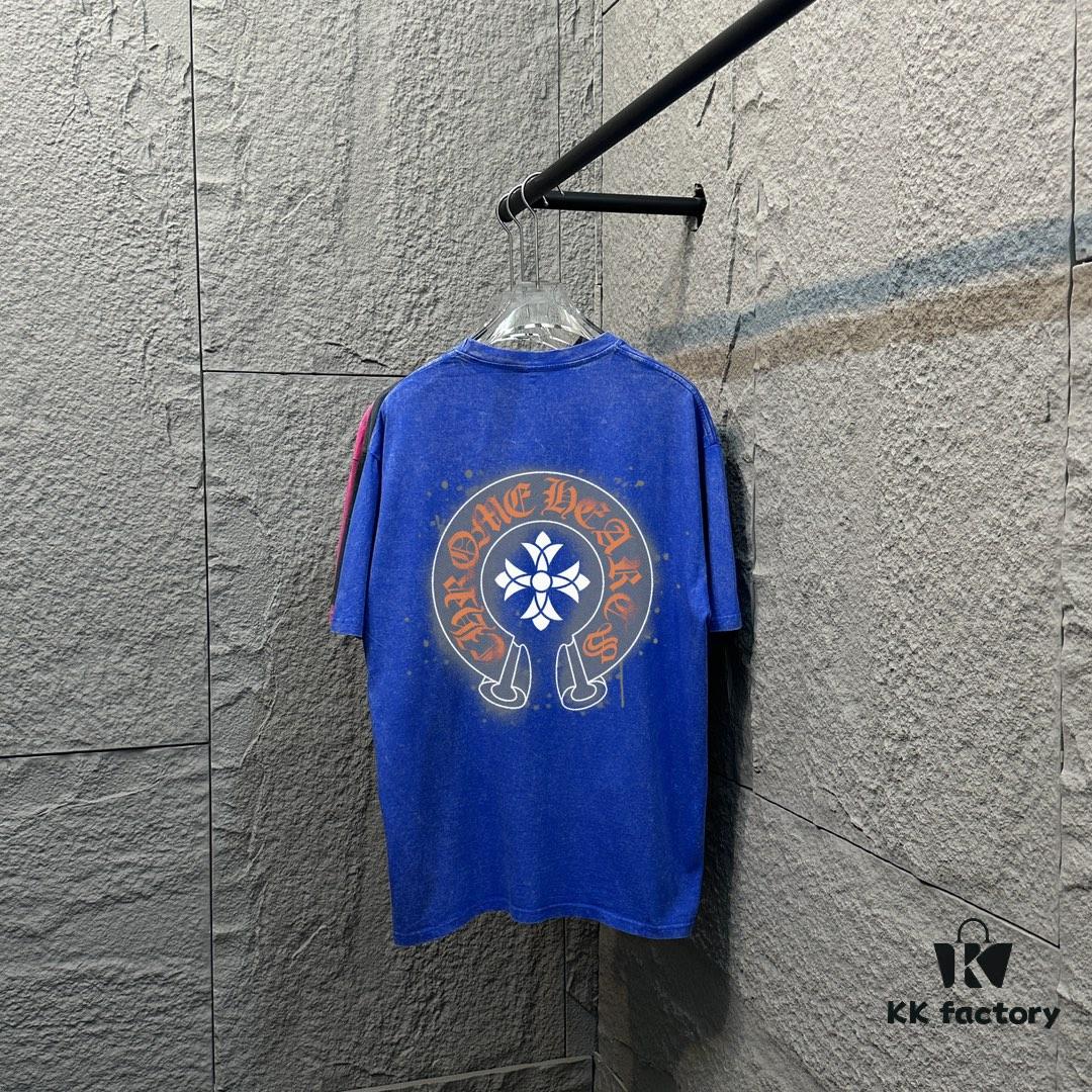 CH* Chrome Hearts* 2025 Spring/Summer New Arrival Distressed Snowflake Wash Vintage Round Neck Short Sleeve T-Shirt with Chest and Back Logo, Horseshoe Print, Custom Fabric Unisex Tee