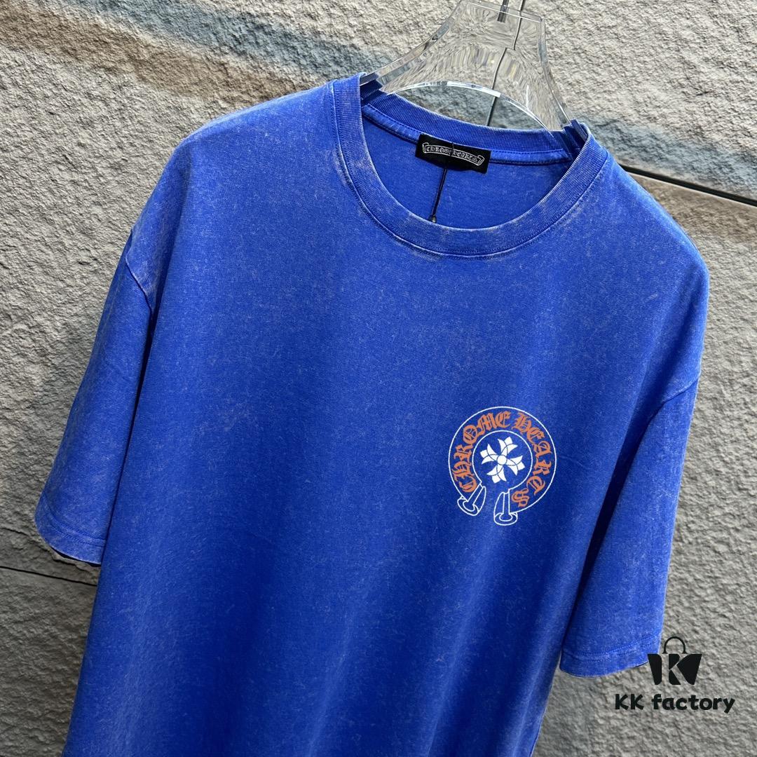 CH* Chrome Hearts* 2025 Spring/Summer New Arrival Distressed Snowflake Wash Vintage Round Neck Short Sleeve T-Shirt with Chest and Back Logo, Horseshoe Print, Custom Fabric Unisex Tee