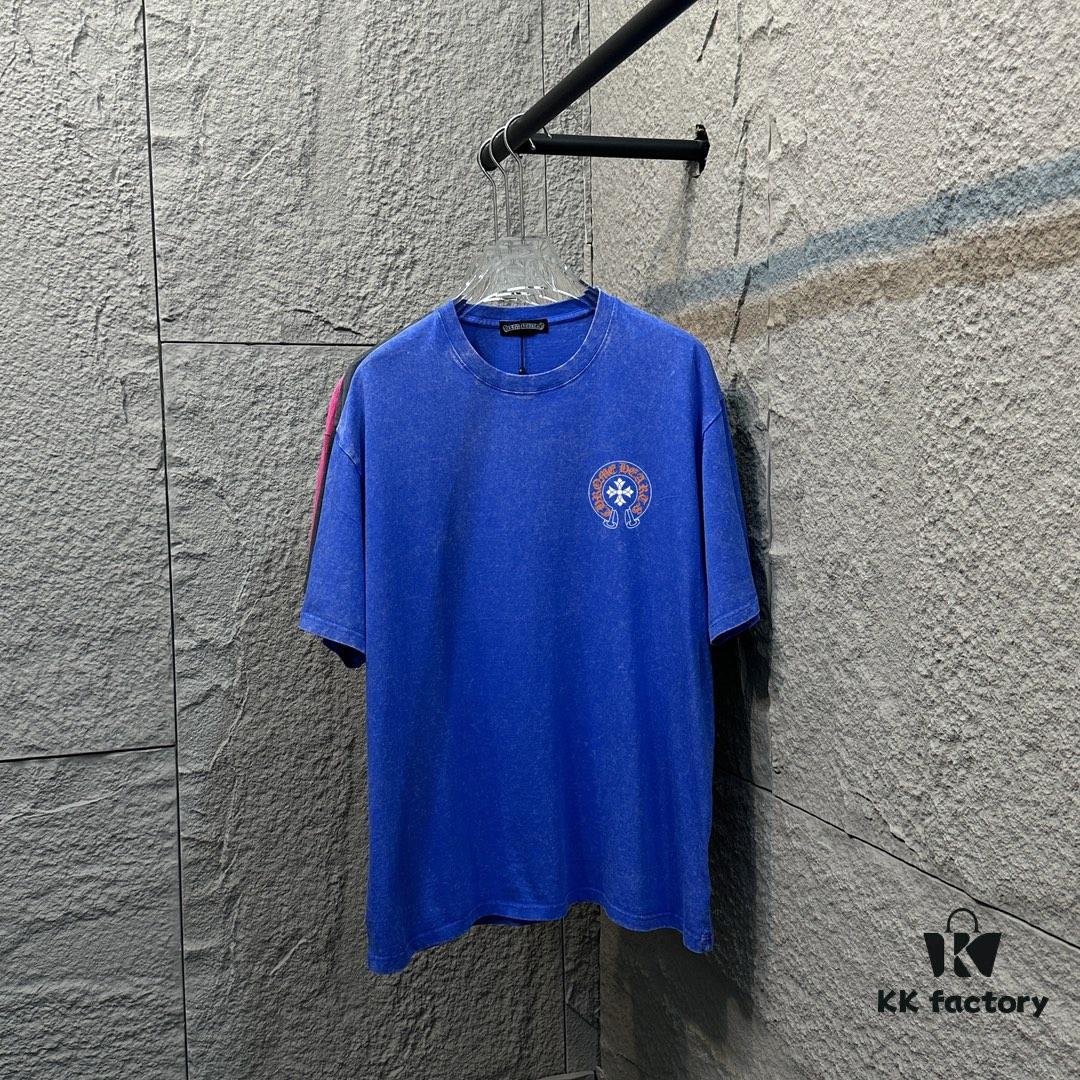 CH* Chrome Hearts* 2025 Spring/Summer New Arrival Distressed Snowflake Wash Vintage Round Neck Short Sleeve T-Shirt with Chest and Back Logo, Horseshoe Print, Custom Fabric Unisex Tee