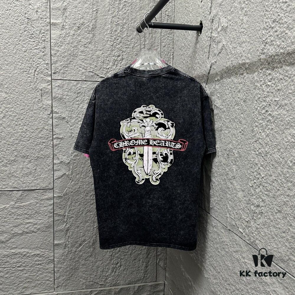 6931a3cdccd8ab3d7af980b3 CH* Chrome Hearts* 2025 Spring/Summer New Arrival Distressed Snow Wash Vintage Round Neck Short Sleeve T-Shirt with Chest and Back Logo, Front and Back Cross and Horseshoe Print, Custom Fabric Unisex Tee