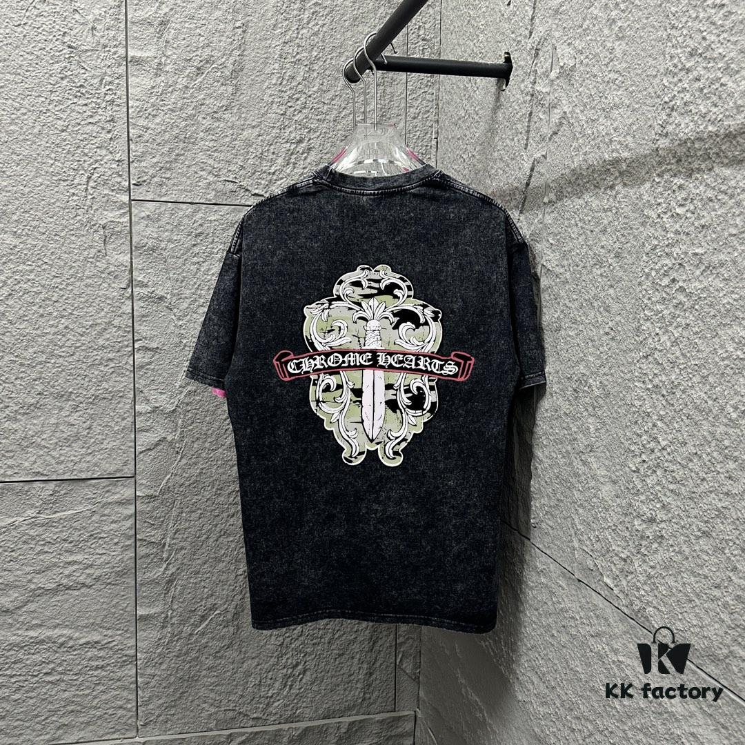 6931a3cdccd8ab3d7af980b3 CH* Chrome Hearts* 2025 Spring/Summer New Arrival Distressed Snow Wash Vintage Round Neck Short Sleeve T-Shirt with Chest and Back Logo, Front and Back Cross and Horseshoe Print, Custom Fabric Unisex Tee