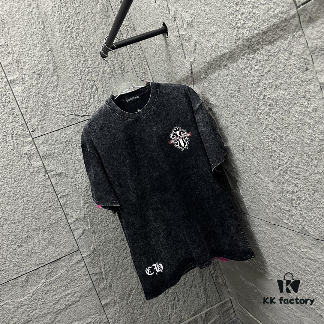6931a3cdccd8ab3d7af980b5 CH* Chrome Hearts* 2025 Spring/Summer New Arrival Distressed Snow Wash Vintage Round Neck Short Sleeve T-Shirt with Chest and Back Logo, Front and Back Cross and Horseshoe Print, Custom Fabric Unisex Tee