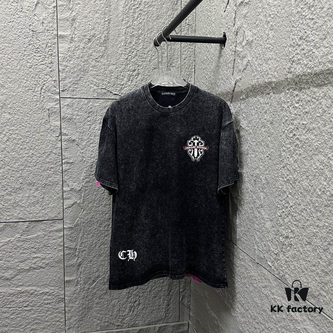 6931a3ceccd8ab3d7af980b6 CH* Chrome Hearts* 2025 Spring/Summer New Arrival Distressed Snow Wash Vintage Round Neck Short Sleeve T-Shirt with Chest and Back Logo, Front and Back Cross and Horseshoe Print, Custom Fabric Unisex Tee