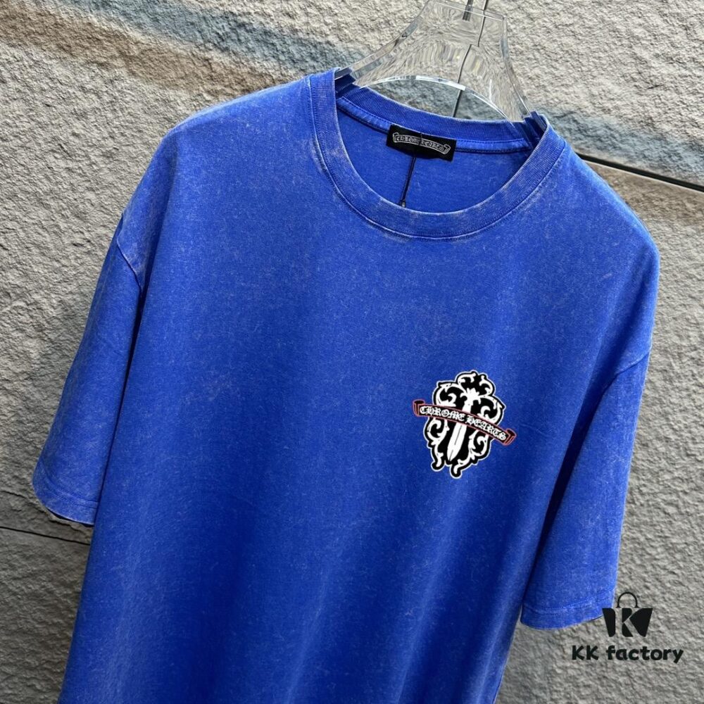 6931a3ceccd8ab3d7af980c5 CH* Chrome Hearts* 2025 Spring/Summer New Arrival Distressed Snow Wash Vintage Round Neck Short Sleeve T-Shirt with Chest and Back Logo, Front and Back Cross and Horseshoe Print, Custom Fabric Unisex Tee
