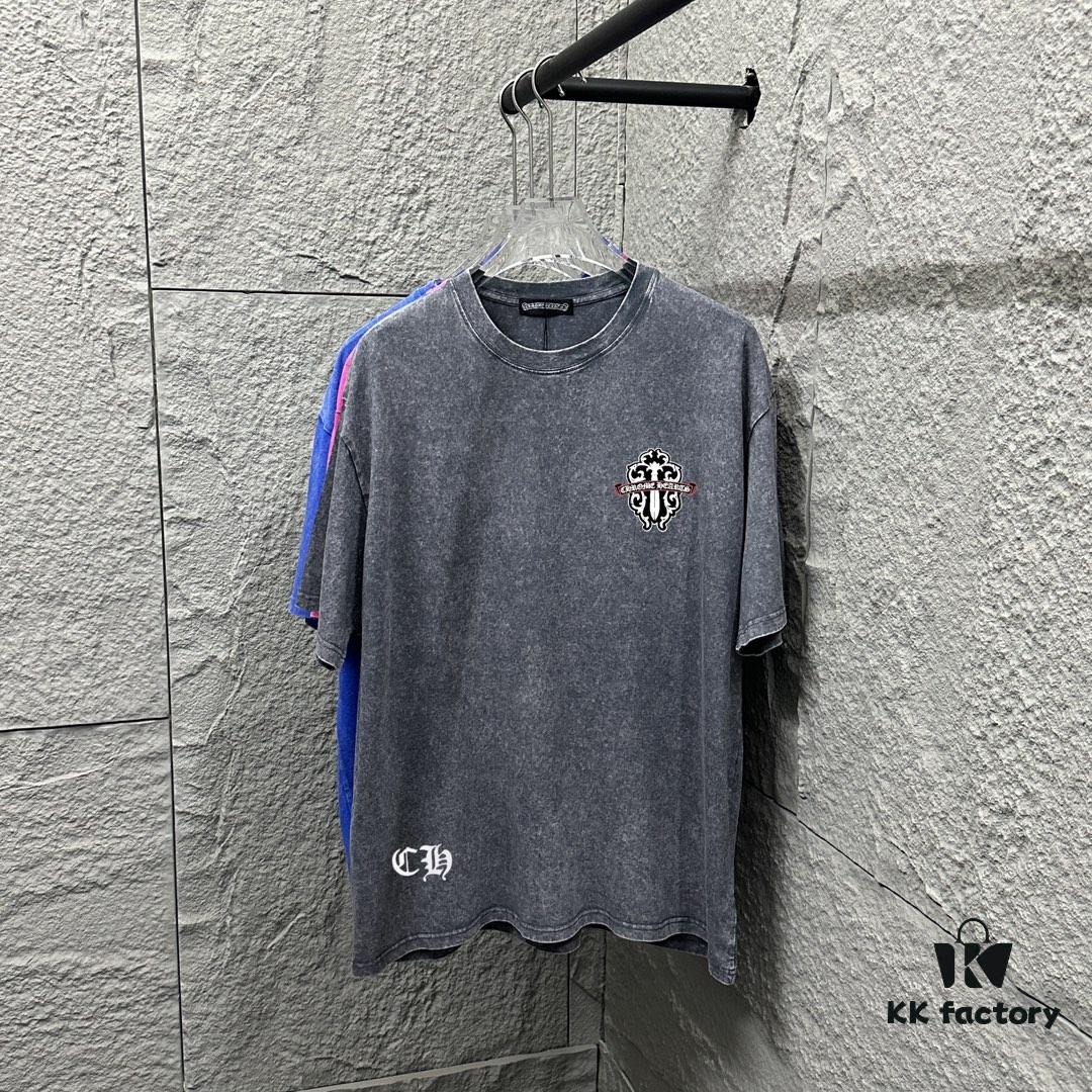 6931a3cfccd8ab3d7af980d0 CH* Chrome Hearts* 2025 Spring/Summer New Arrival Distressed Vintage Round-Neck Short-Sleeve T-Shirt with Front and Back Logo, Cross and Horseshoe Print, Custom Fabric Unisex Tee
