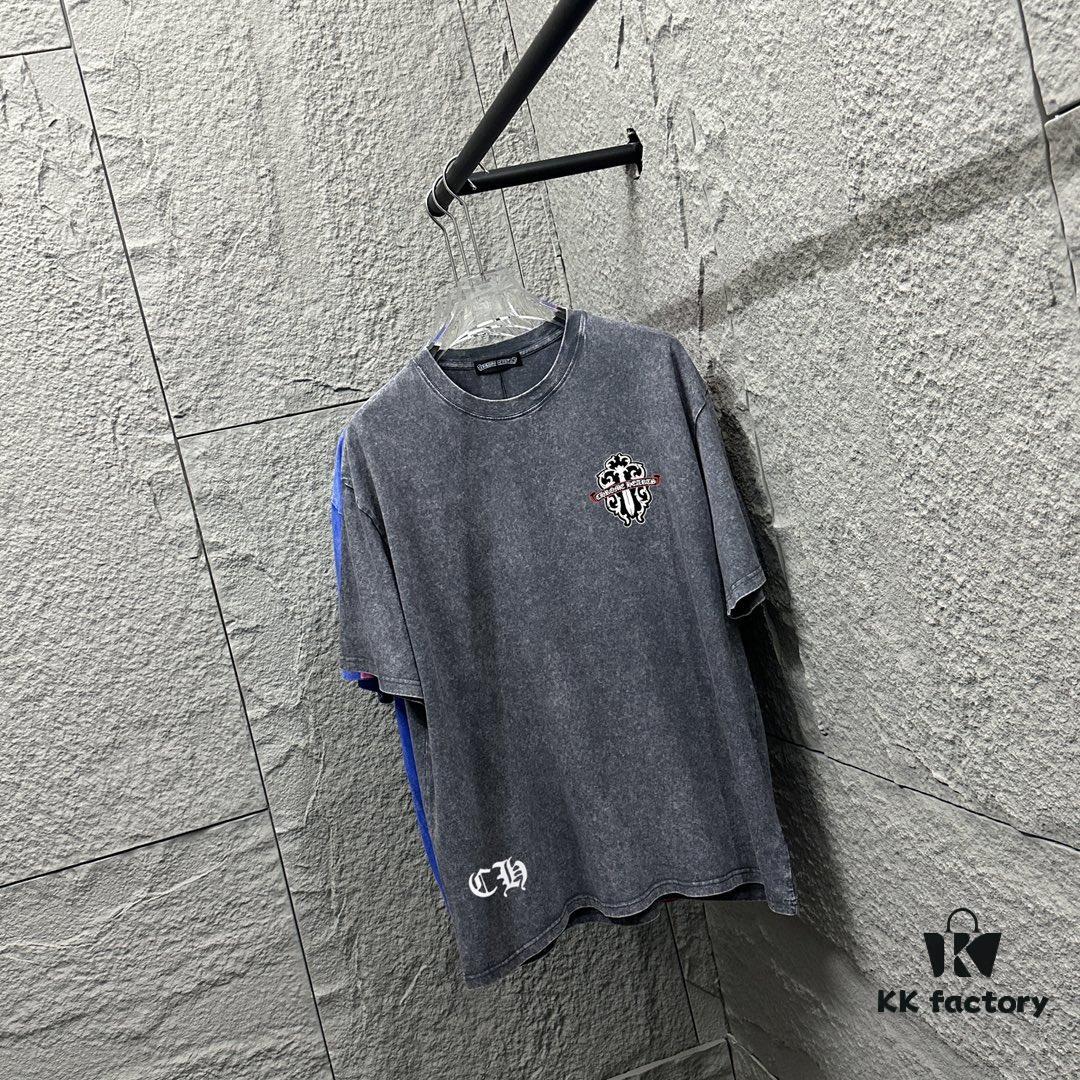 6931a3cfccd8ab3d7af980d1 CH* Chrome Hearts* 2025 Spring/Summer New Arrival Distressed Vintage Round-Neck Short-Sleeve T-Shirt with Front and Back Logo, Cross and Horseshoe Print, Custom Fabric Unisex Tee
