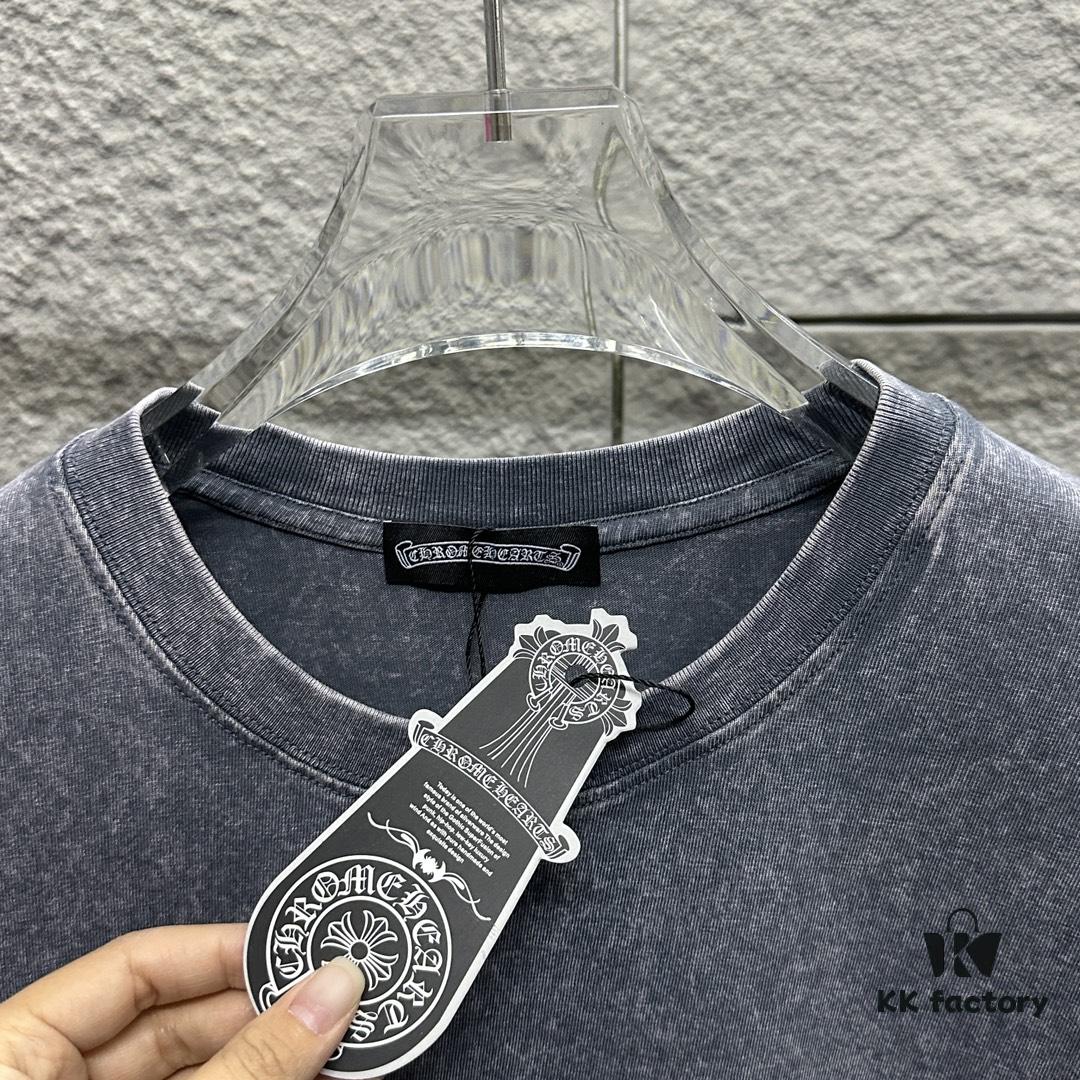 6931a3cfccd8ab3d7af980d2 CH* Chrome Hearts* 2025 Spring/Summer New Arrival Distressed Vintage Round-Neck Short-Sleeve T-Shirt with Front and Back Logo, Cross and Horseshoe Print, Custom Fabric Unisex Tee