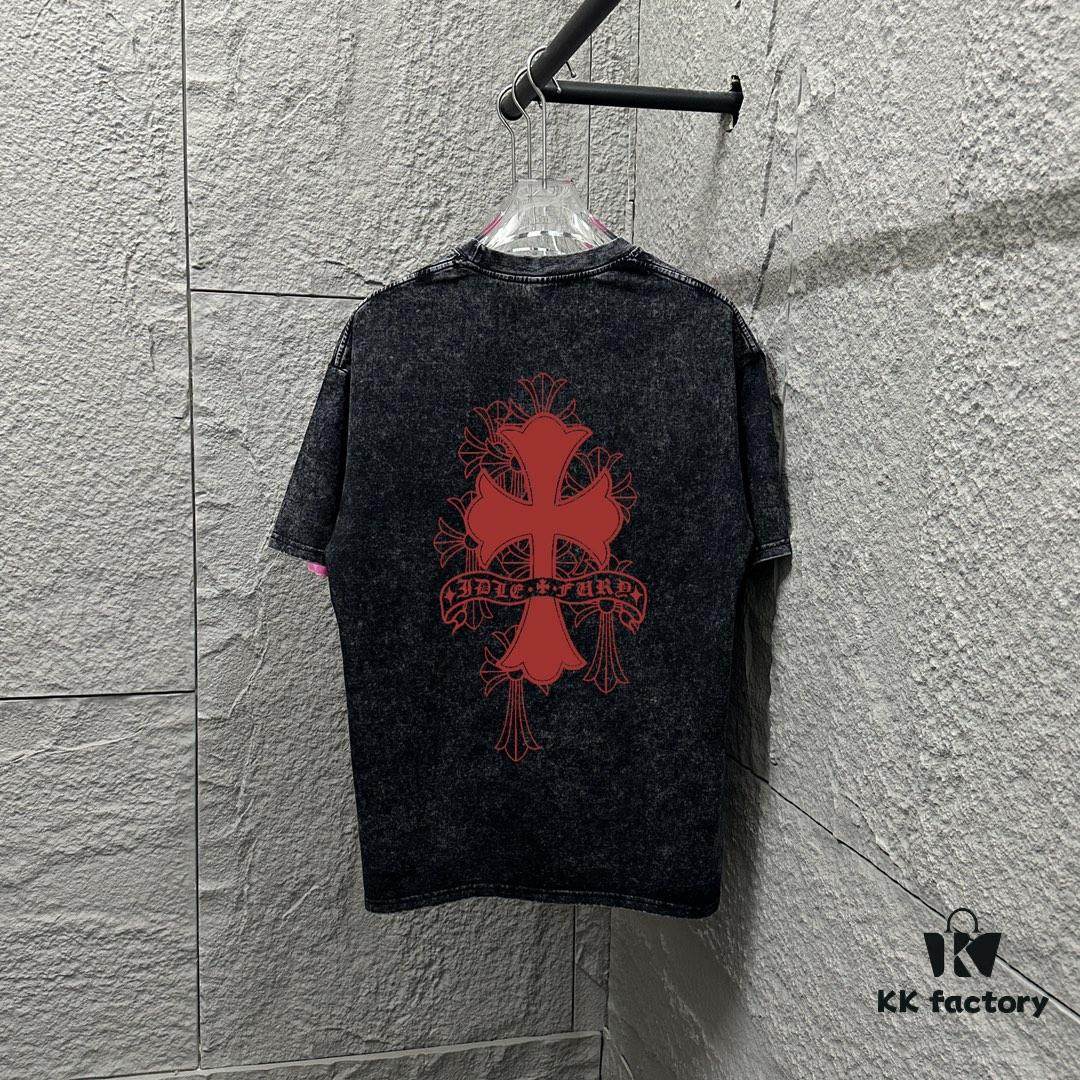 CH* Chrome Hearts* 2025 Spring/Summer New Arrival Distressed Snowflake Wash Vintage Round Neck Short Sleeve T-Shirt with Chest and Back Logo, Horseshoe Print, Custom Fabric Unisex Tee