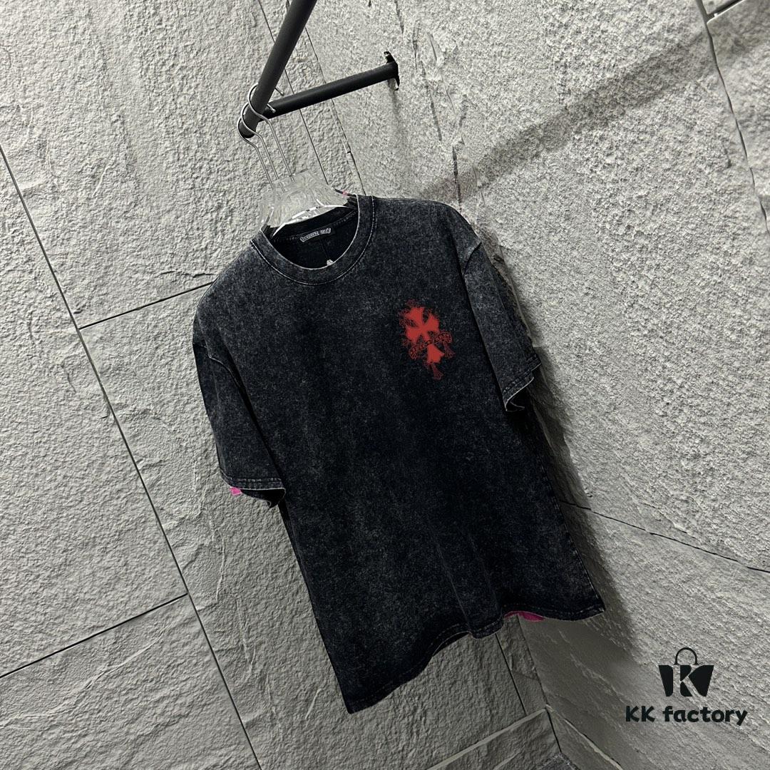 CH* Chrome Hearts* 2025 Spring/Summer New Arrival Distressed Snowflake Wash Vintage Round Neck Short Sleeve T-Shirt with Chest and Back Logo, Horseshoe Print, Custom Fabric Unisex Tee