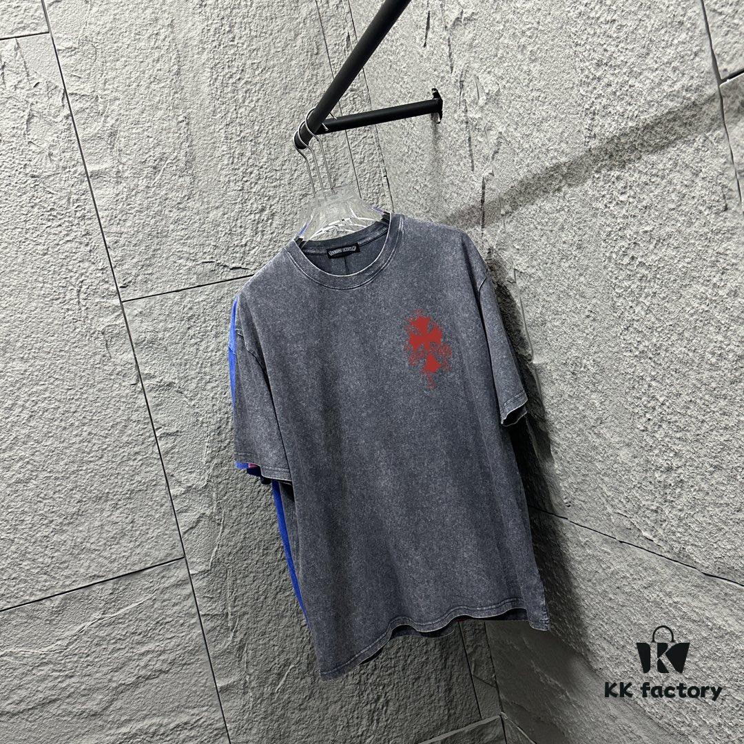 CH* Chrome Hearts* 2025 Spring/Summer New Arrival Distressed Snowflake Wash Vintage Round Neck Short Sleeve T-Shirt with Chest and Back Logo, Horseshoe Print, Custom Fabric Unisex Tee