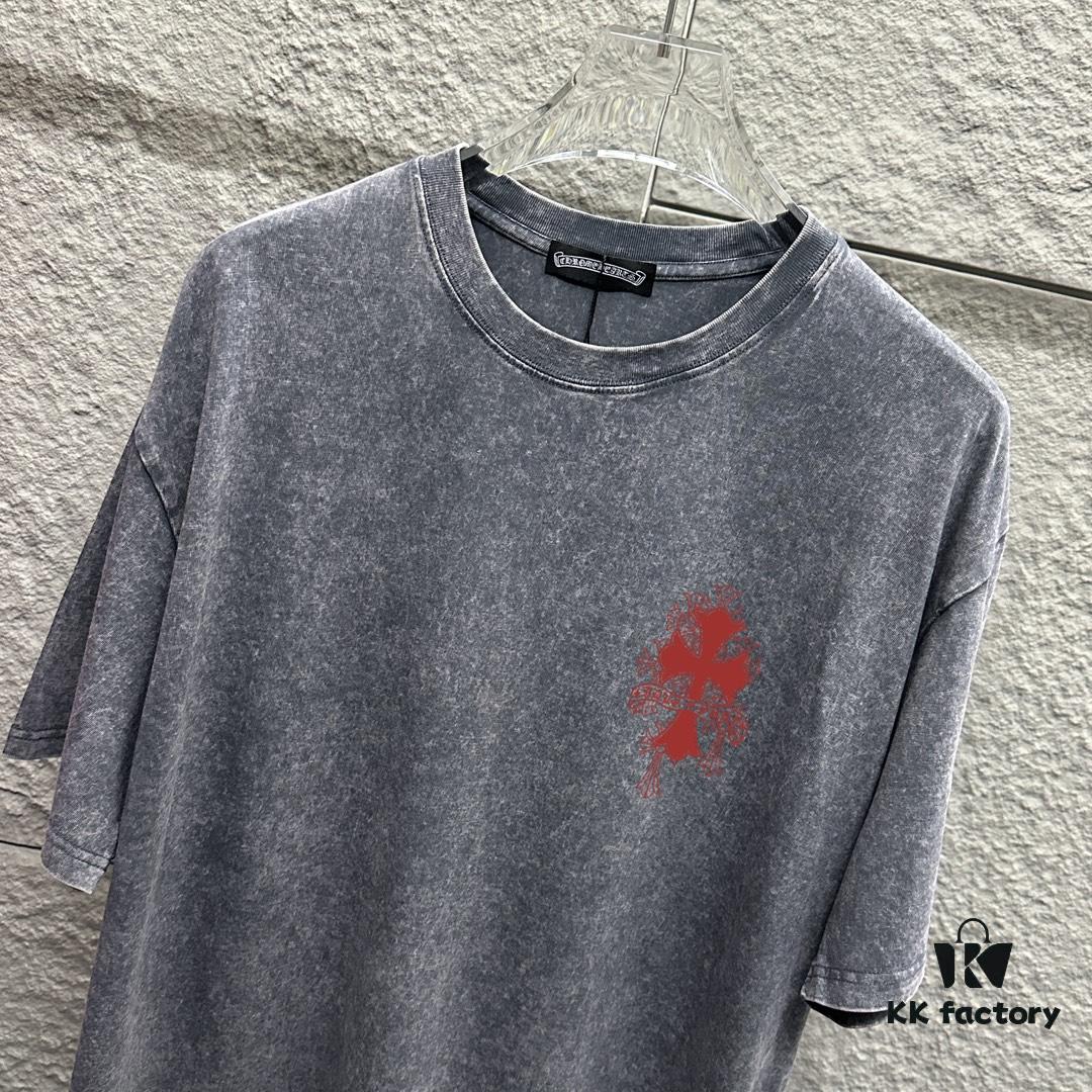 CH* Chrome Hearts* 2025 Spring/Summer New Arrival Distressed Snowflake Wash Vintage Round Neck Short Sleeve T-Shirt with Chest and Back Logo, Horseshoe Print, Custom Fabric Unisex Tee