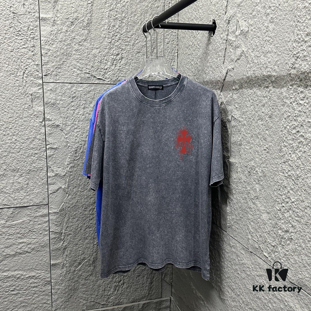 CH* Chrome Hearts* 2025 Spring/Summer New Arrival Distressed Snowflake Wash Vintage Round Neck Short Sleeve T-Shirt with Chest and Back Logo, Horseshoe Print, Custom Fabric Unisex Tee