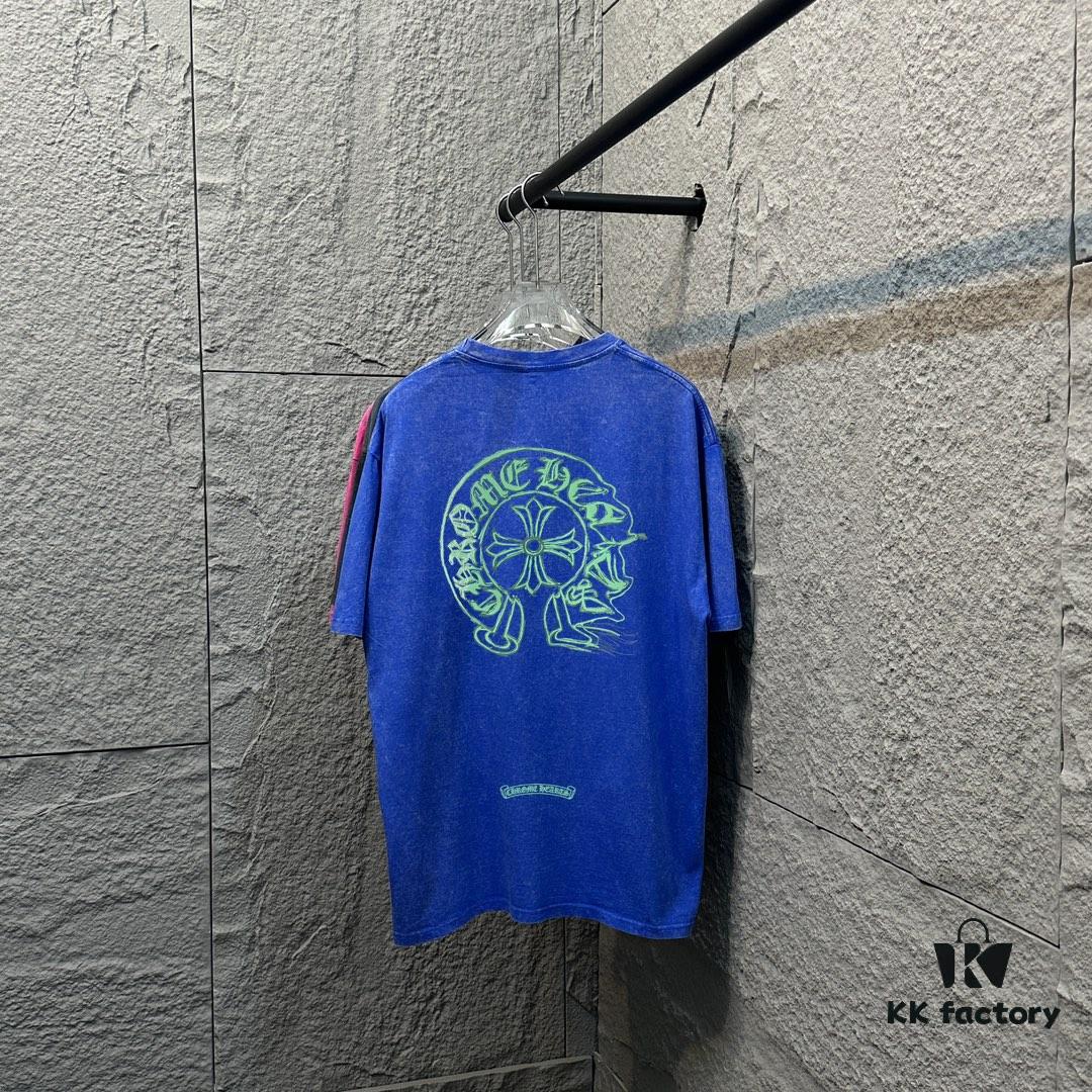 CH* Chrome Hearts* 2025 Spring and Summer New Arrival Distressed Snowflake Wash Vintage Round Neck Short Sleeve T-Shirt with Chest and Back Logo, Horseshoe Print, Custom Fabric Unisex Tee