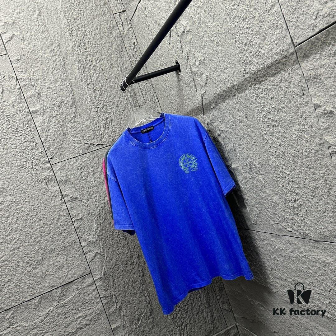 CH* Chrome Hearts* 2025 Spring and Summer New Arrival Distressed Snowflake Wash Vintage Round Neck Short Sleeve T-Shirt with Chest and Back Logo, Horseshoe Print, Custom Fabric Unisex Tee