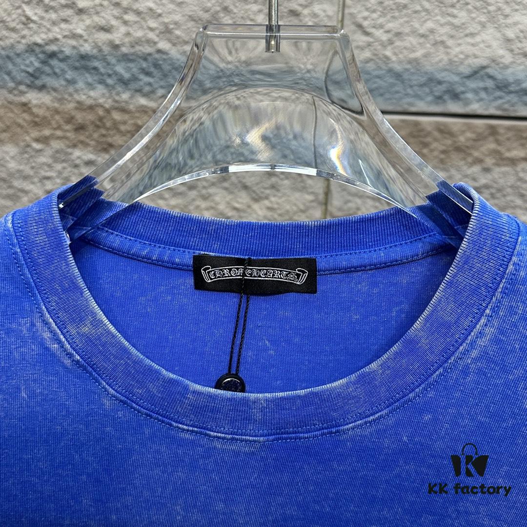 CH* Chrome Hearts* 2025 Spring and Summer New Arrival Distressed Snowflake Wash Vintage Round Neck Short Sleeve T-Shirt with Chest and Back Logo, Horseshoe Print, Custom Fabric Unisex Tee