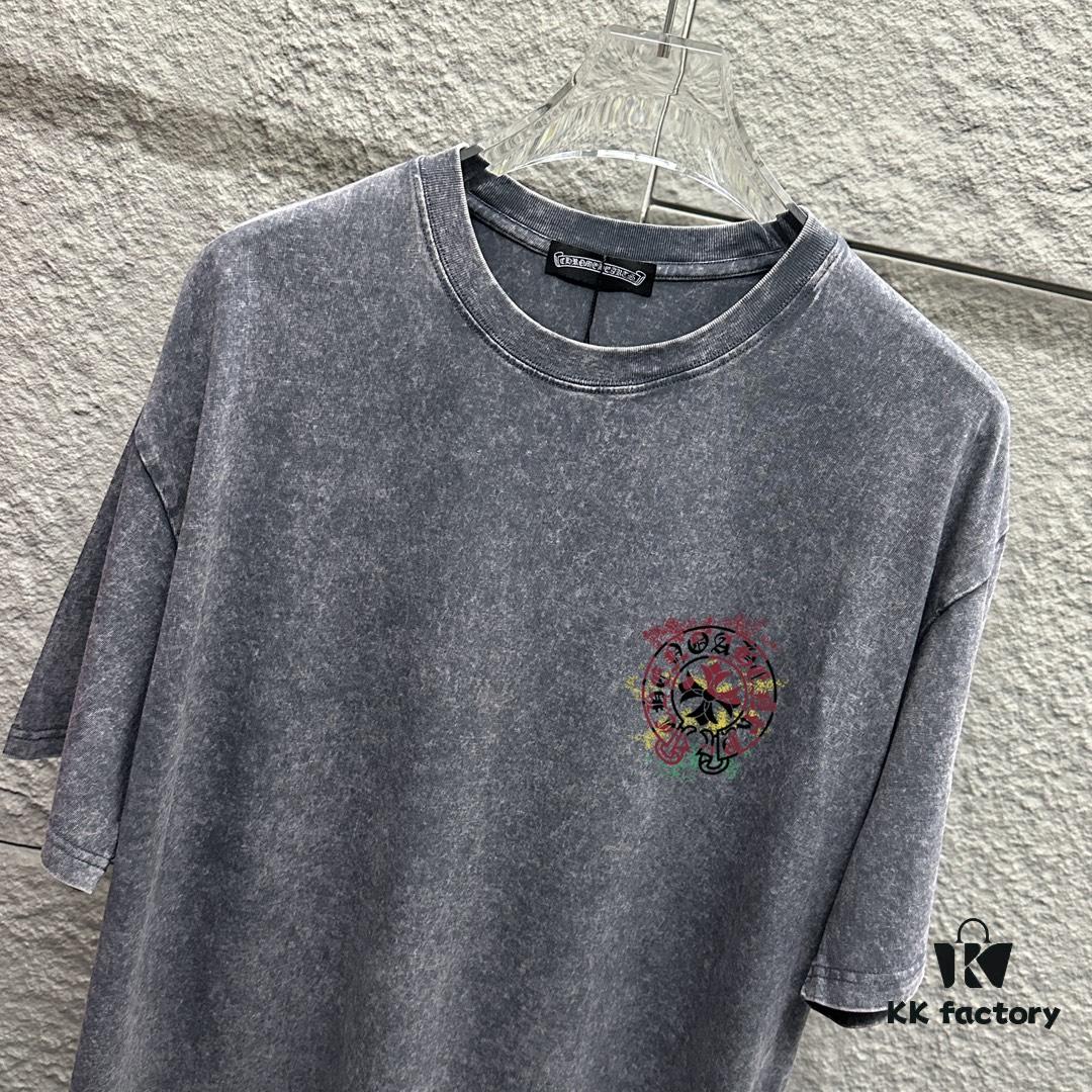 6931a3d3ccd8ab3d7af98128 CH Chrome Hearts* 2025 Spring and Summer New Arrival Distressed Snowflake Wash Vintage Round Neck Short Sleeve T-Shirt with Chest Logo and Horseshoe Print, Custom Fabric Unisex Tee