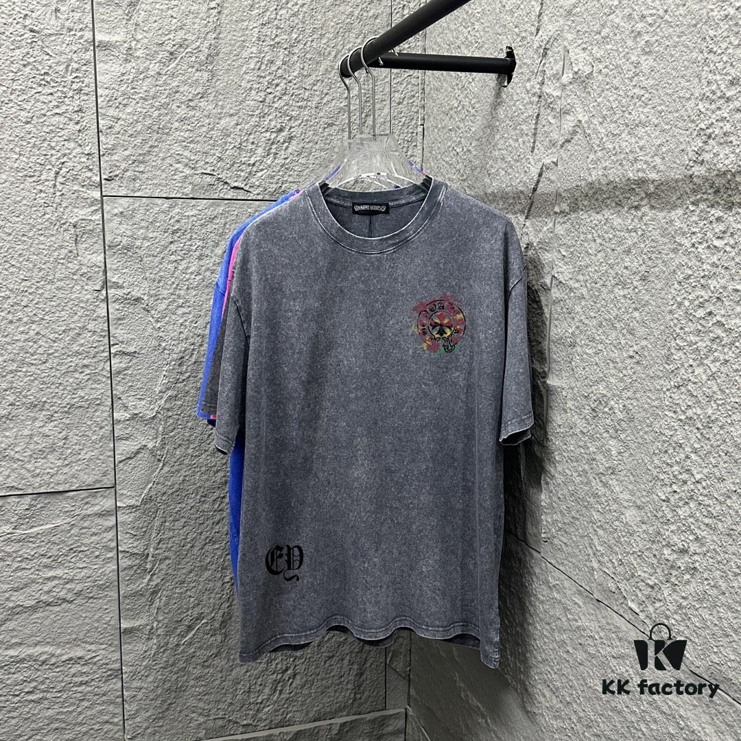 6931a3d4ccd8ab3d7af9812b CH Chrome Hearts* 2025 Spring and Summer New Arrival Distressed Snowflake Wash Vintage Round Neck Short Sleeve T-Shirt with Chest Logo and Horseshoe Print, Custom Fabric Unisex Tee