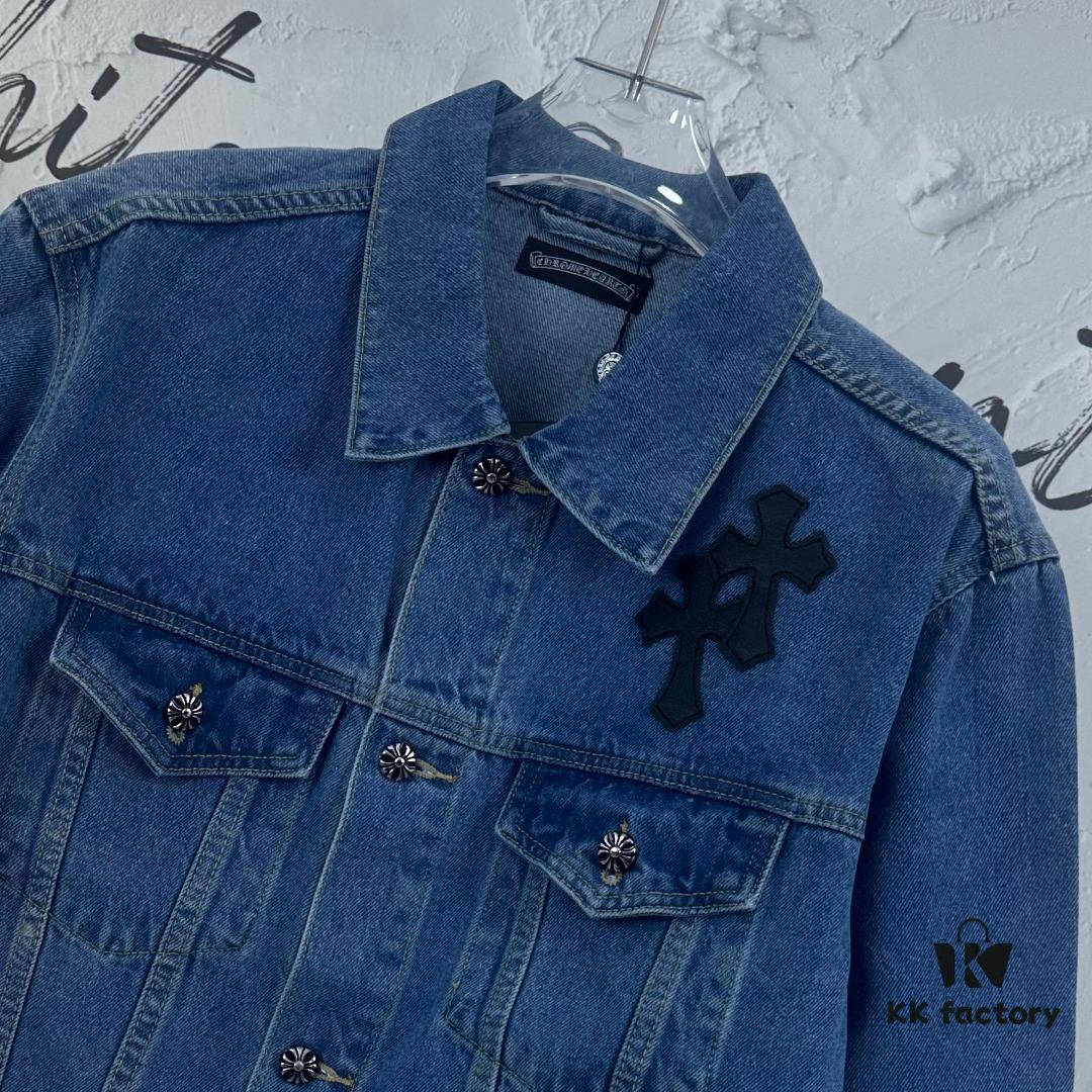 6931a3e2ccd8ab3d7af98227 Chrome Hearts Couple's Heavy Washed Denim Jacket with Leather Back Panel and Full Logo Embellishment