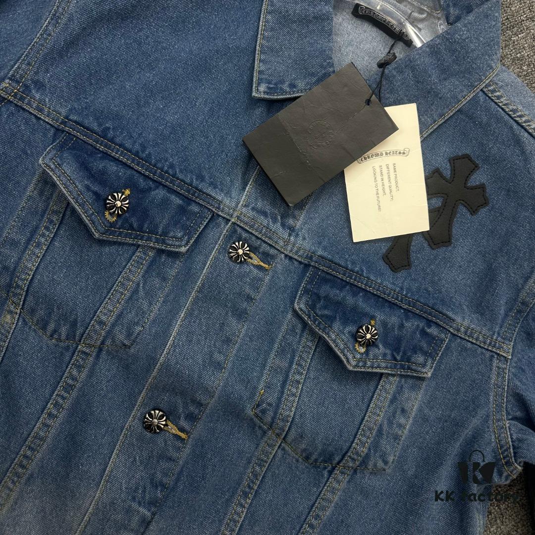 6931a3e2ccd8ab3d7af98228 Chrome Hearts Couple's Heavy Washed Denim Jacket with Leather Back Panel and Full Logo Embellishment