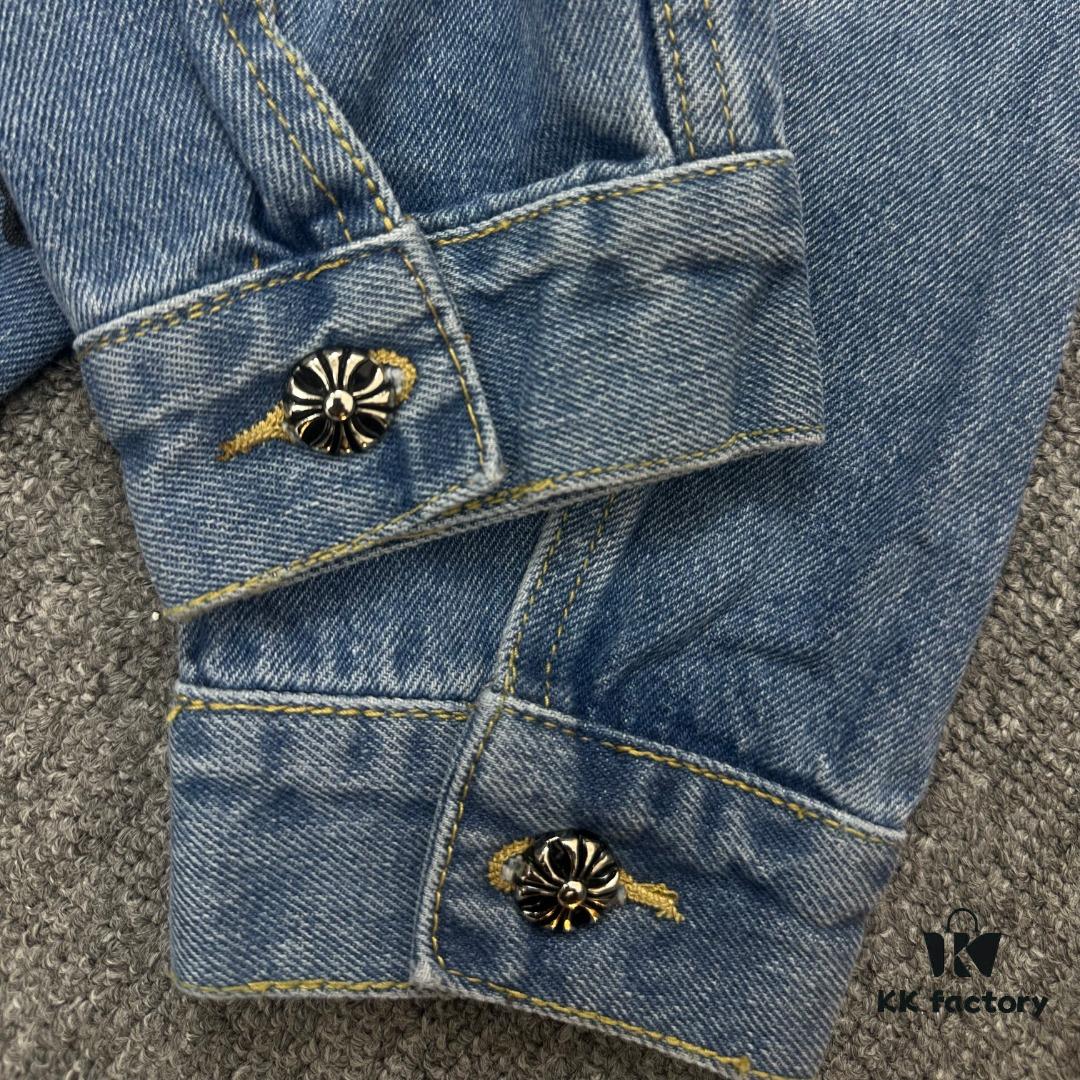 6931a3e2ccd8ab3d7af9822a Chrome Hearts Couple's Heavy Washed Denim Jacket with Leather Back Panel and Full Logo Embellishment