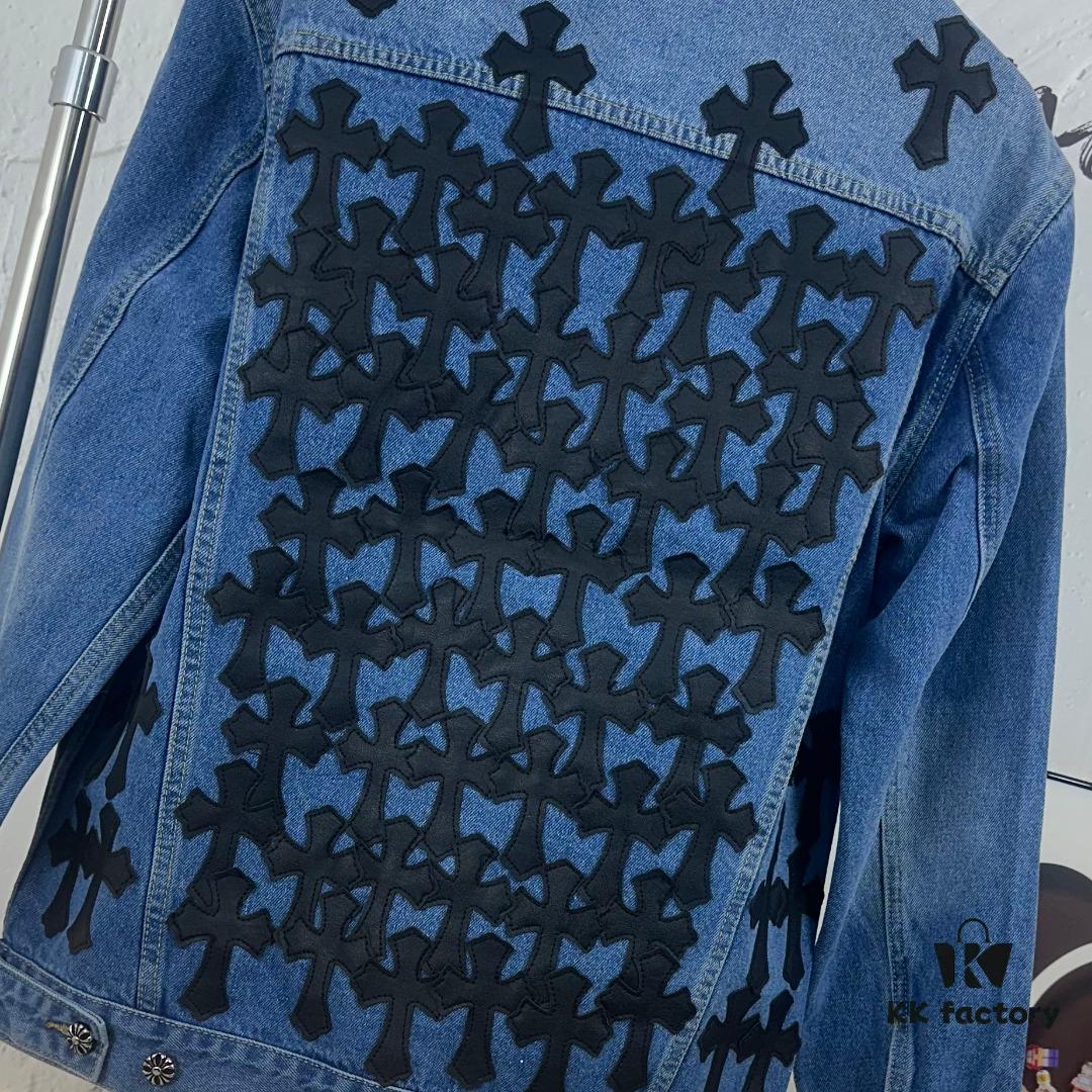6931a3e2ccd8ab3d7af9822b Chrome Hearts Couple's Heavy Washed Denim Jacket with Leather Back Panel and Full Logo Embellishment