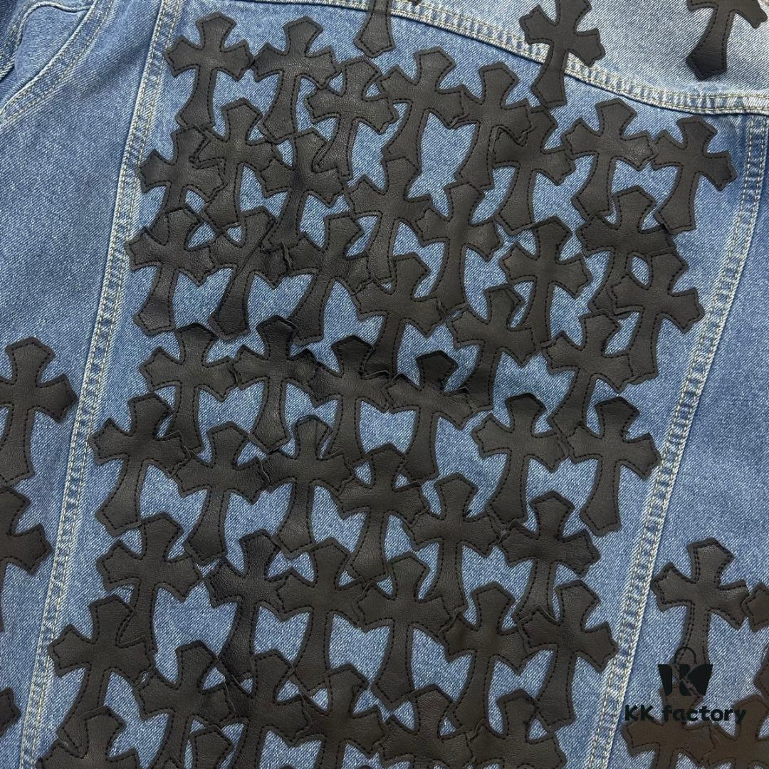 6931a3e2ccd8ab3d7af9822c Chrome Hearts Couple's Heavy Washed Denim Jacket with Leather Back Panel and Full Logo Embellishment