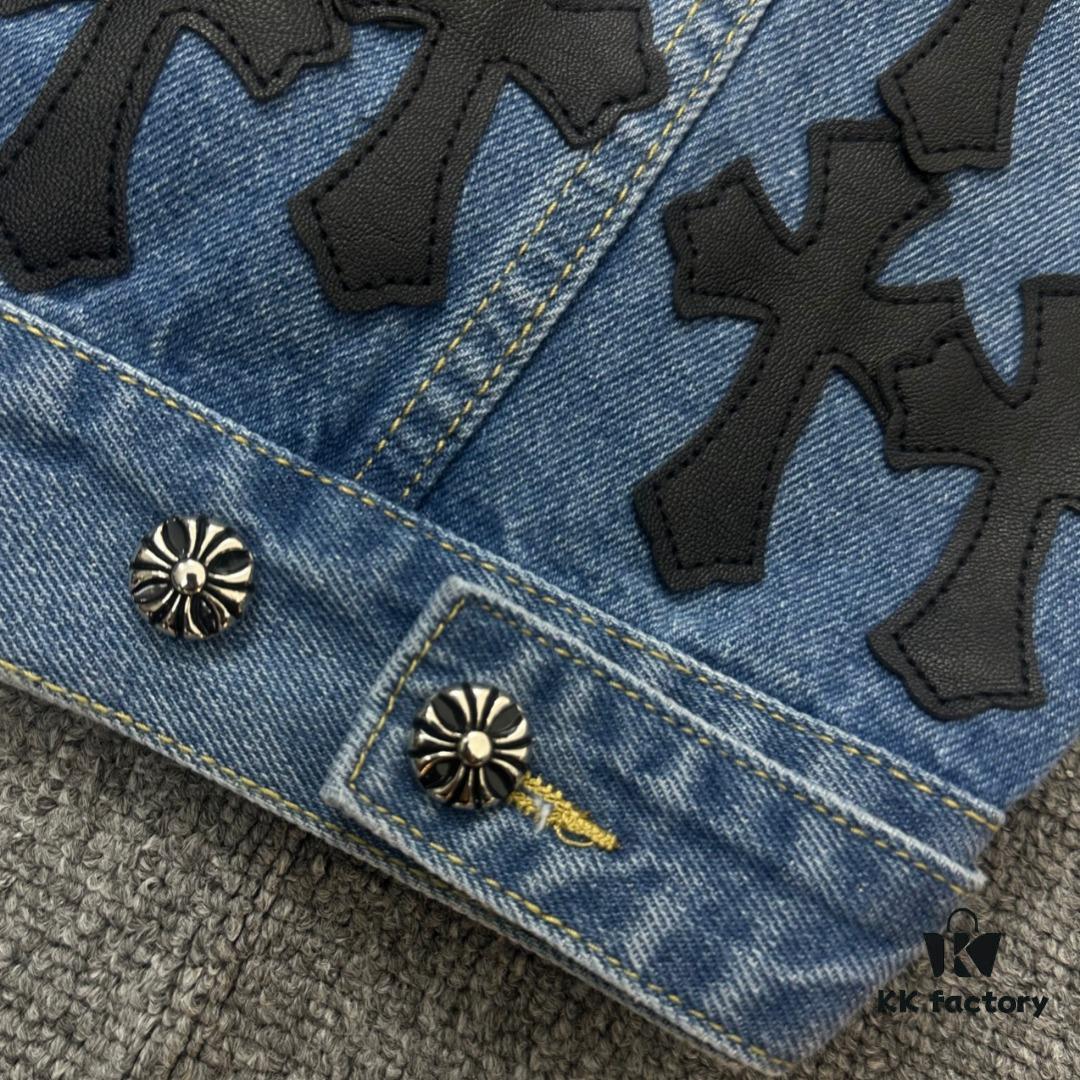 6931a3e2ccd8ab3d7af9822d Chrome Hearts Couple's Heavy Washed Denim Jacket with Leather Back Panel and Full Logo Embellishment