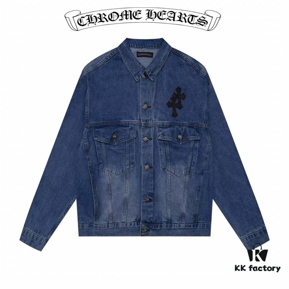 6931a3e2ccd8ab3d7af9822f Chrome Hearts Couple's Heavy Washed Denim Jacket with Leather Back Panel and Full Logo Design