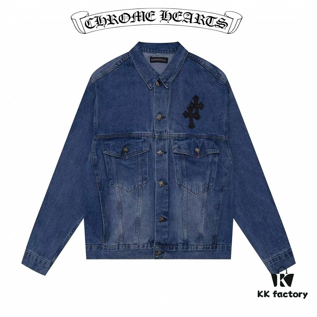 6931a3e2ccd8ab3d7af9822f Chrome Hearts Couple's Heavy Washed Denim Jacket with Leather Back Panel and Full Logo Design