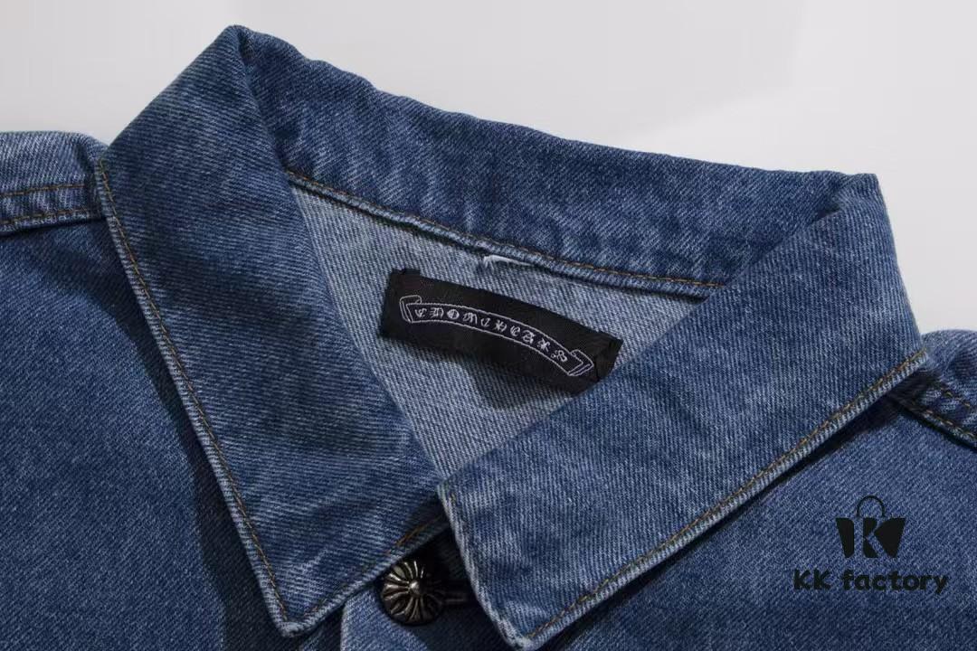 6931a3e2ccd8ab3d7af98231 Chrome Hearts Couple's Heavy Washed Denim Jacket with Leather Back Panel and Full Logo Design