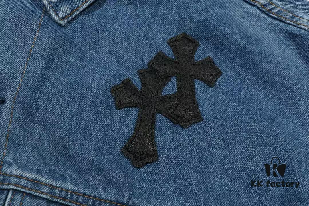 6931a3e2ccd8ab3d7af98233 Chrome Hearts Couple's Heavy Washed Denim Jacket with Leather Back Panel and Full Logo Design