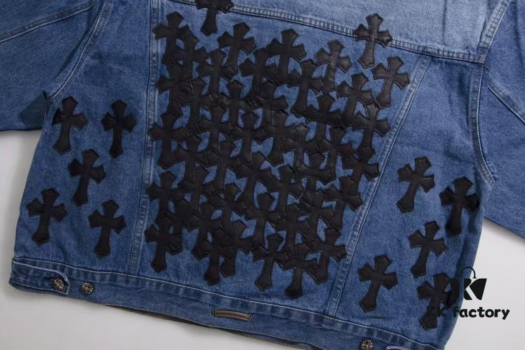 6931a3e2ccd8ab3d7af98236 Chrome Hearts Couple's Heavy Washed Denim Jacket with Leather Back Panel and Full Logo Design